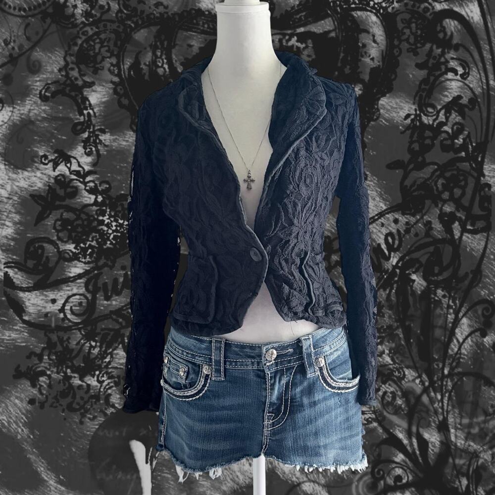 boho whimsigoth black cropped floral lace overlay blazer
